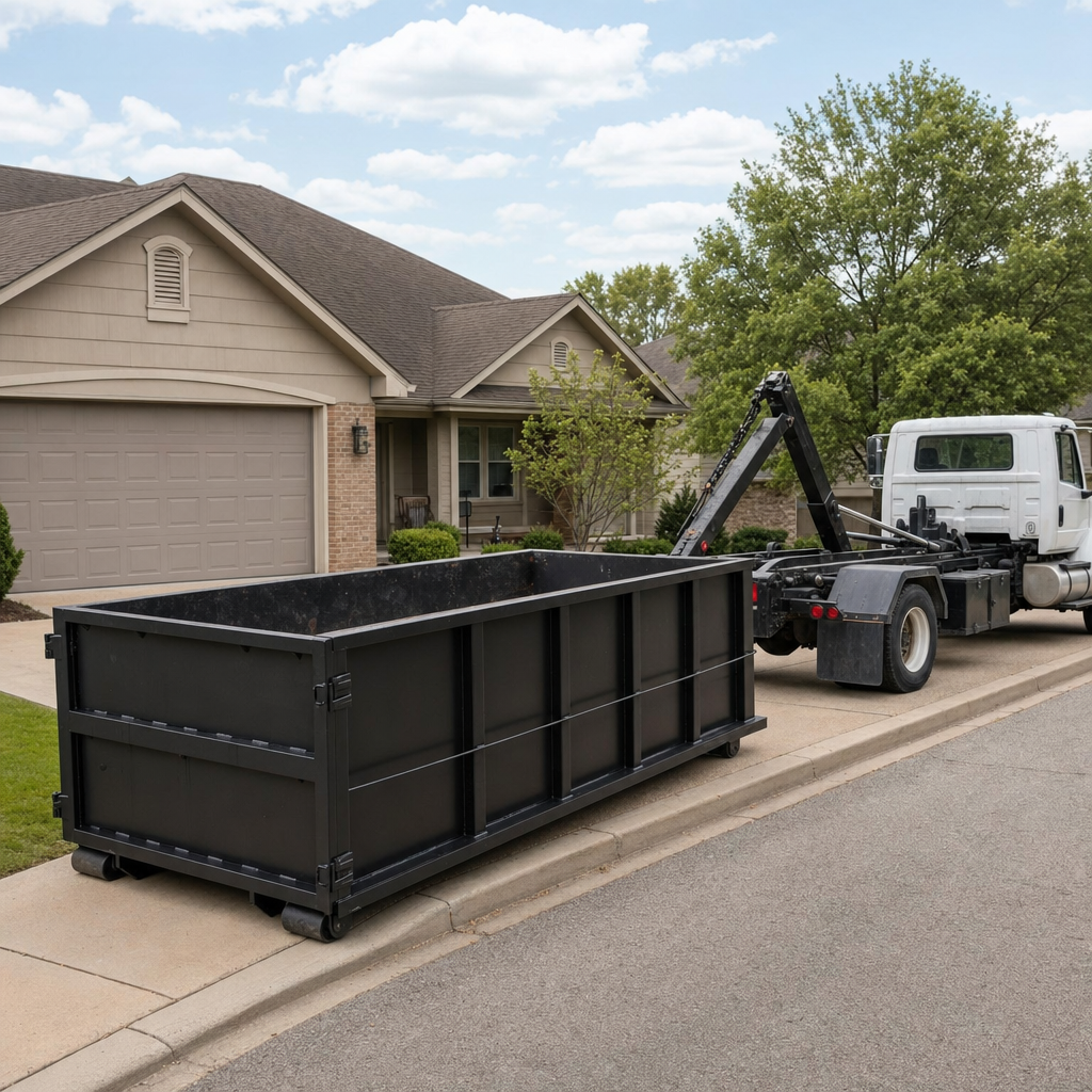 Wide documentary shot of a matte-black roll-off dumpster on a Union City residential driveway in the foreground and a contractor jobsite container in the soft-focus background, bright daylight, calm and orderly composition.