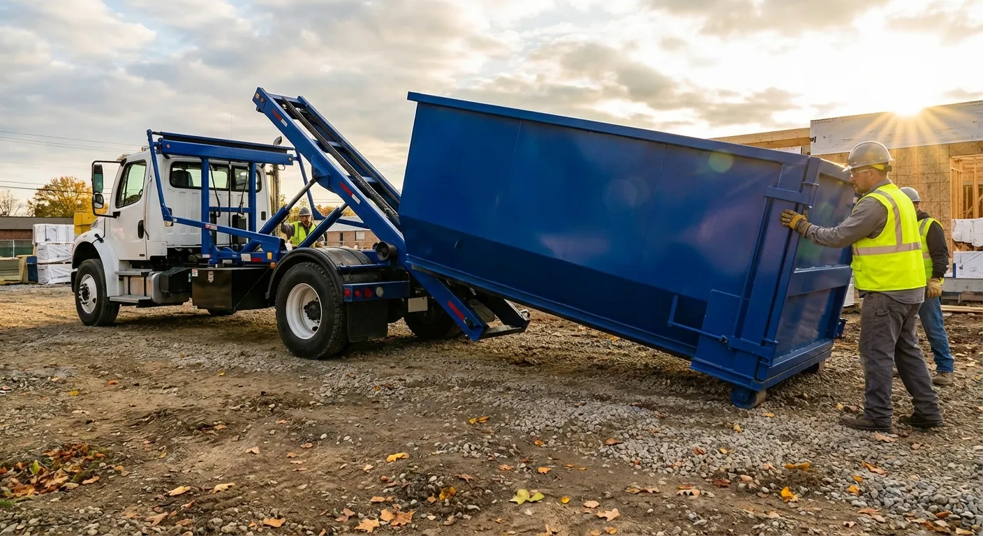 Construction dumpster delivery truck at job site in Union City, CA